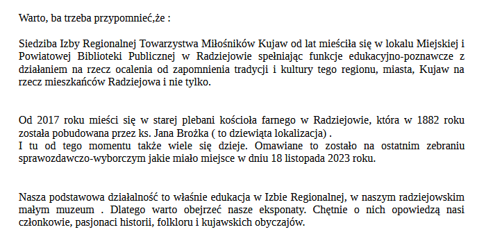 Zapraszamy do Izby Regionalnej Radziejów